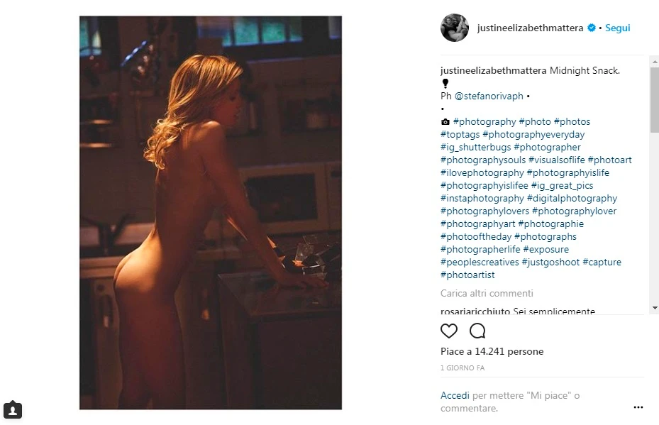Justine Mattera, nudo integrale su Instagram: lo snack di mezzanotte può costarle carissimo