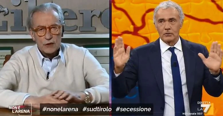 Vittorio Feltri a Non è l'Arena, l'accusa di Giletti: "Direttore, ha bestemmiato?". E lui reagisce così