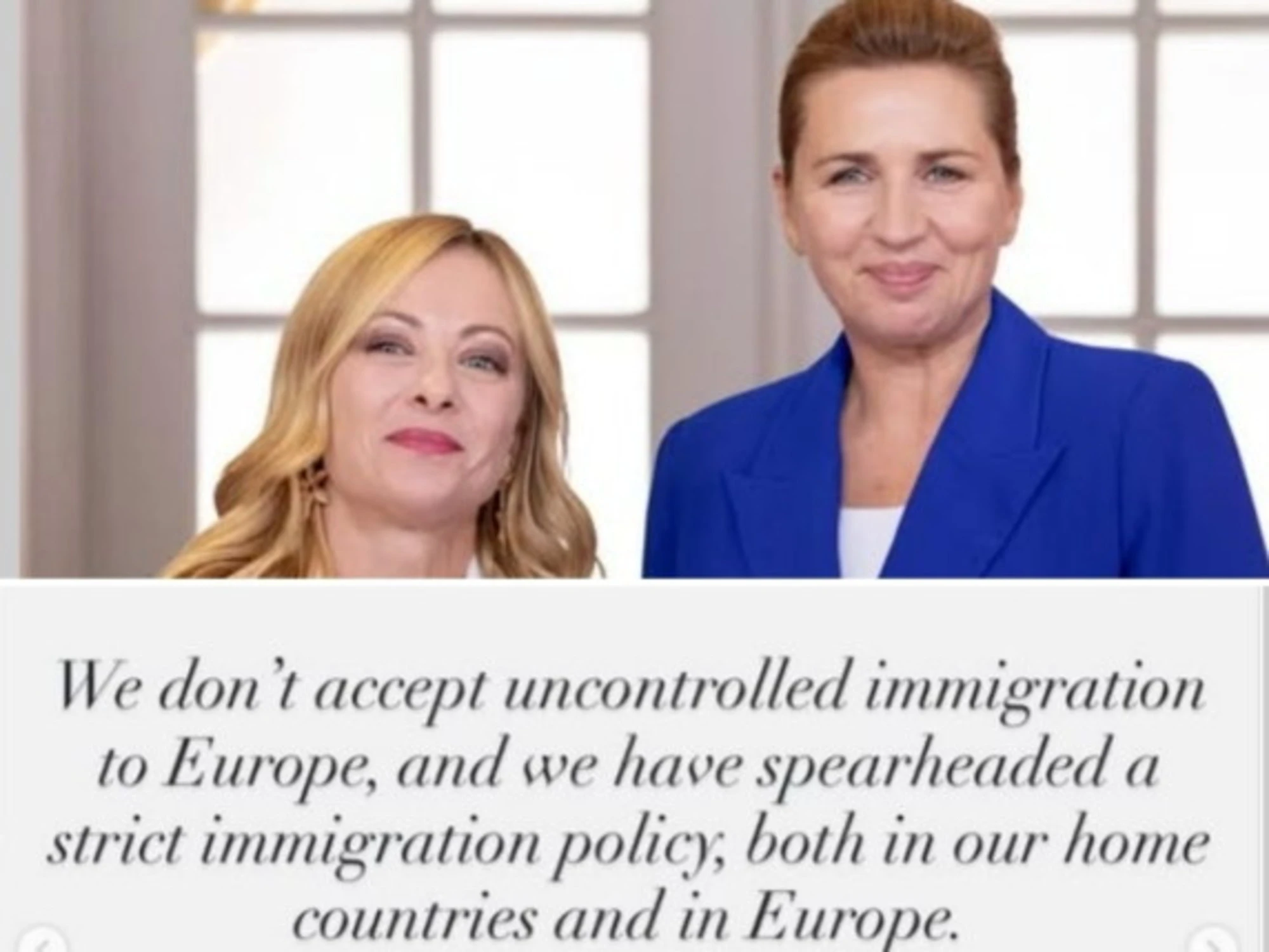 Il post e la foto di Giorgia Meloni con la premier danese: il messaggio chiaro a Ue e sinistra