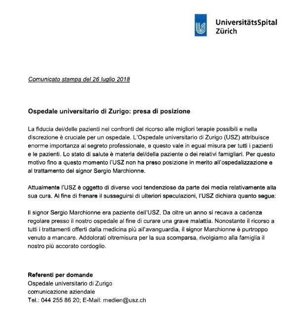 Sergio Marchionne, il comunicato integrale dell'ospedale di Zurigo: toni durissimi, il devastante sospetto