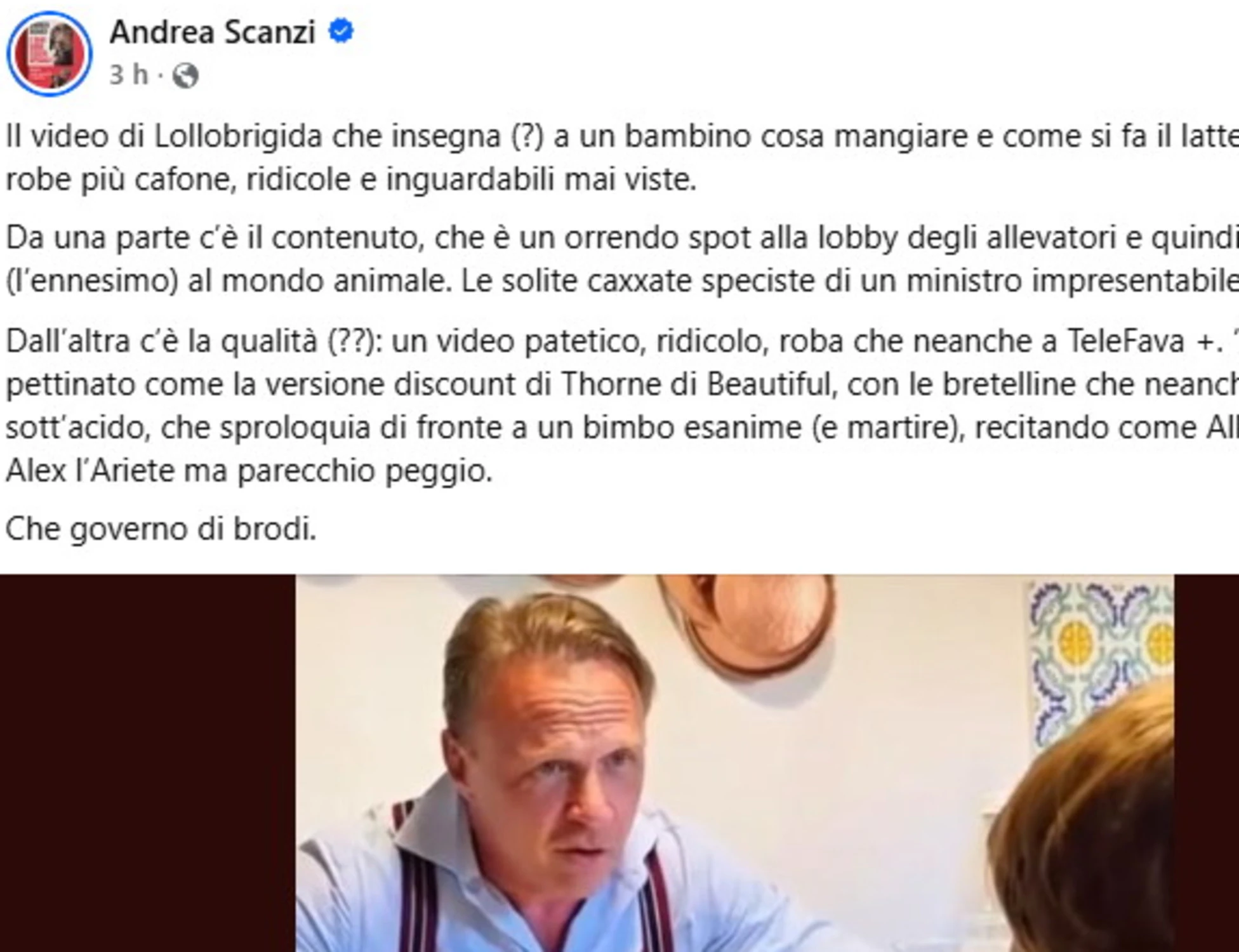Andrea Scanzi ricopre d'insulti Lollobrigida per uno spot: "Patetico, cafone, disperato"
